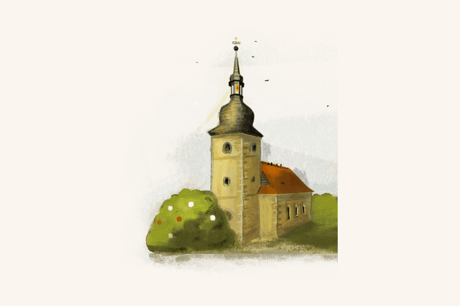 Aquarell der St.-Dionysius-Kirche mit dem Busch davor