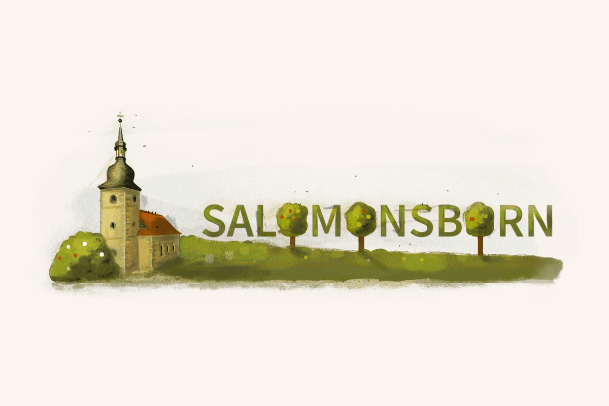 Aquarell von Salomonsborn: Kirche, Obstbäume und Wiese