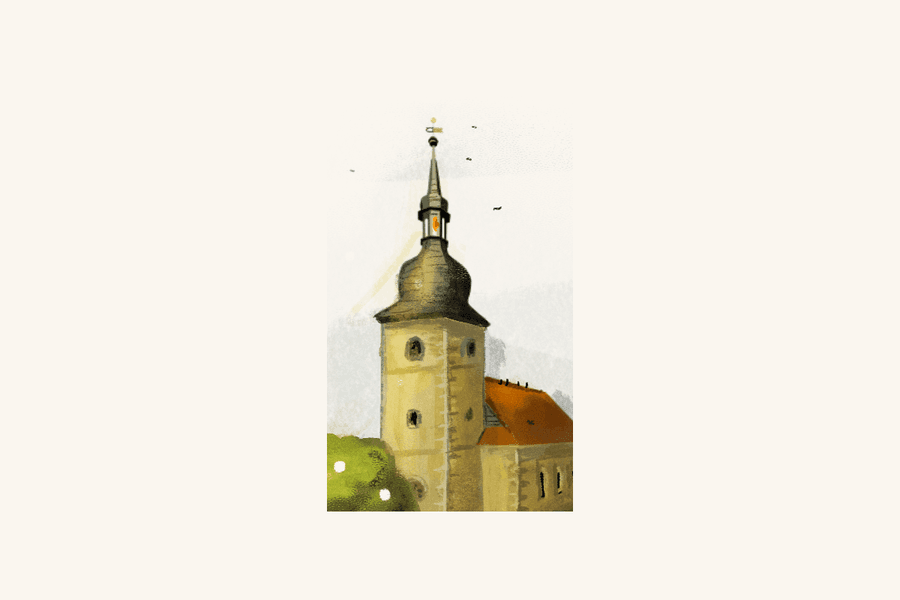 Aquarell des Kirchturms mit Haube und Wetterfahne