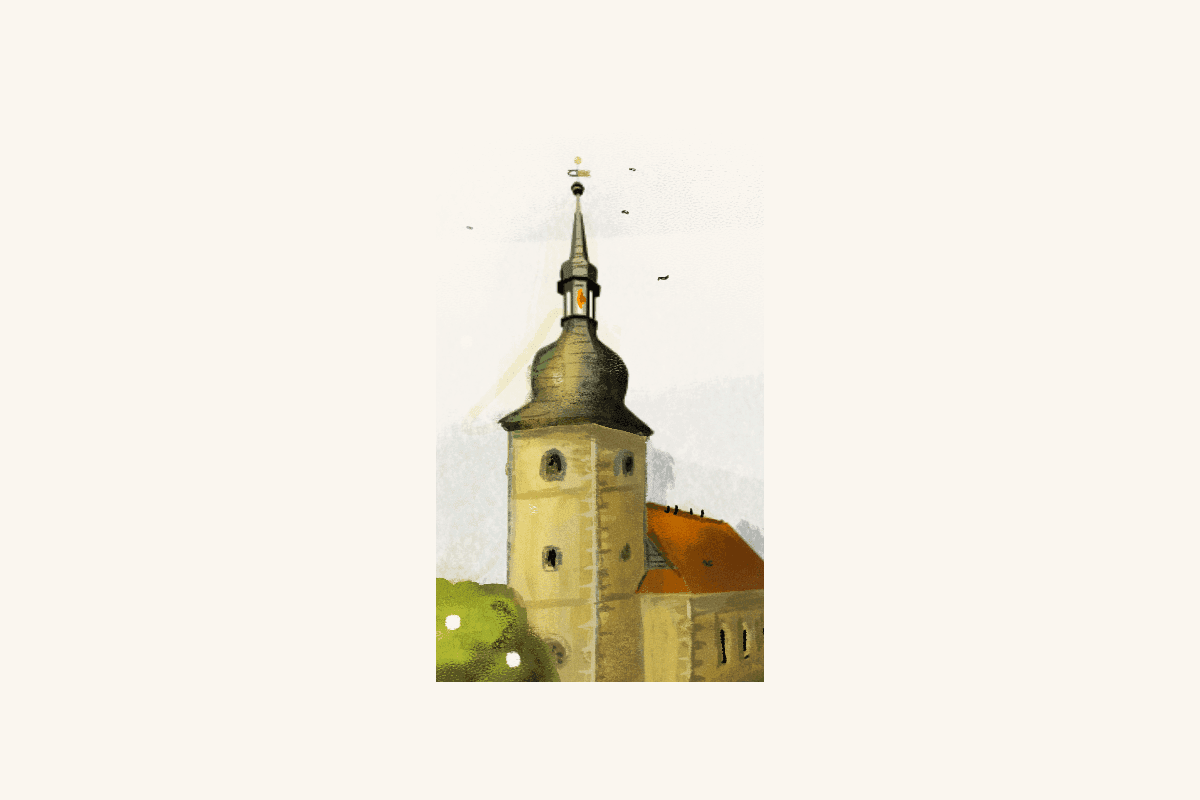 Aquarell des Kirchturms mit Haube und Wetterfahne